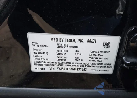 2021 Tesla Model S Plaid Tri Motor All-Wheel Drive z USA, uszkodzony, nr VIN 5YJSA1E67MF431953